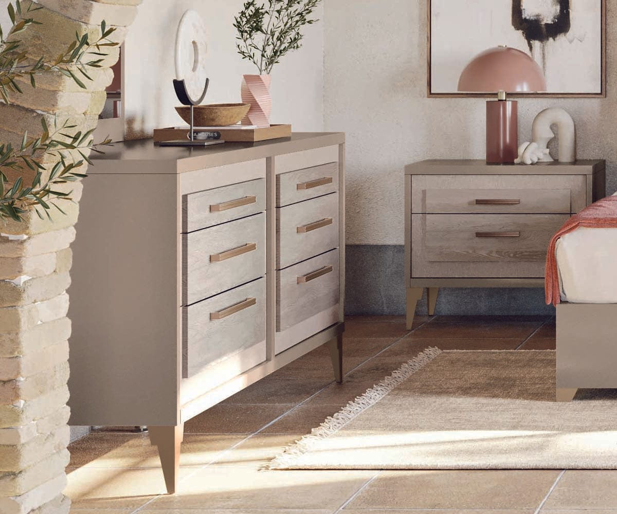 beige nightstand and dresser Kizie 4pc Queen Bedroom Set, XL Nightstand, Dresser Mirror Beige Wood main image 1